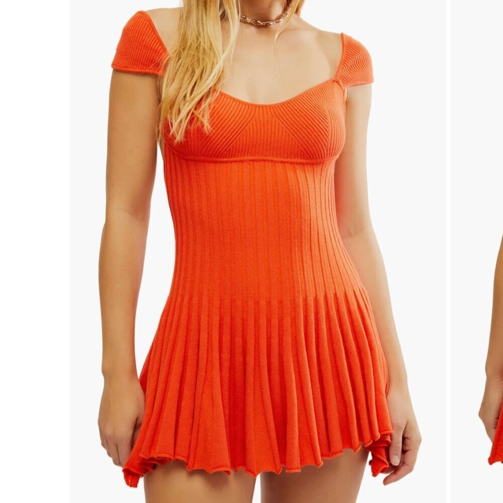 New Free People Cherie Tie Back Knit Mini Dress Size Medium Orange Red